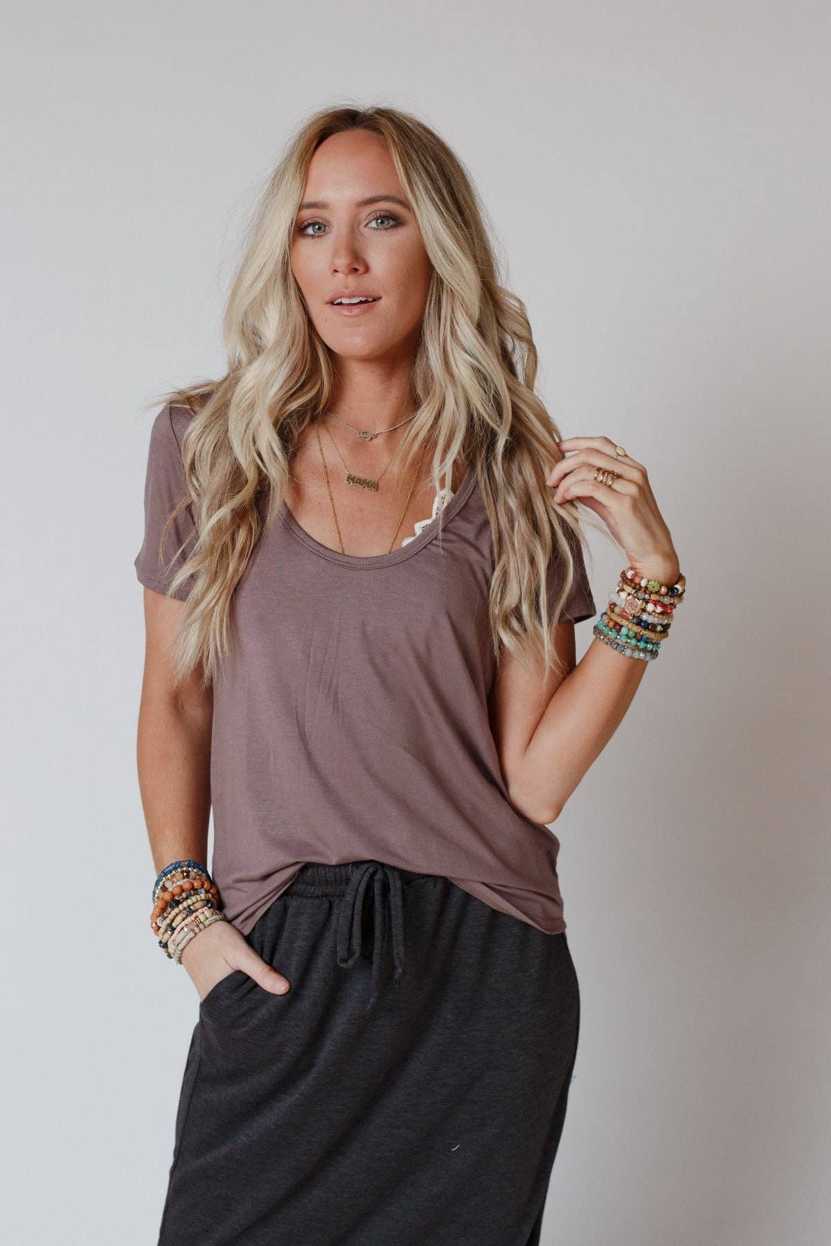 Scoop Neck Bralette Tee - Mocha