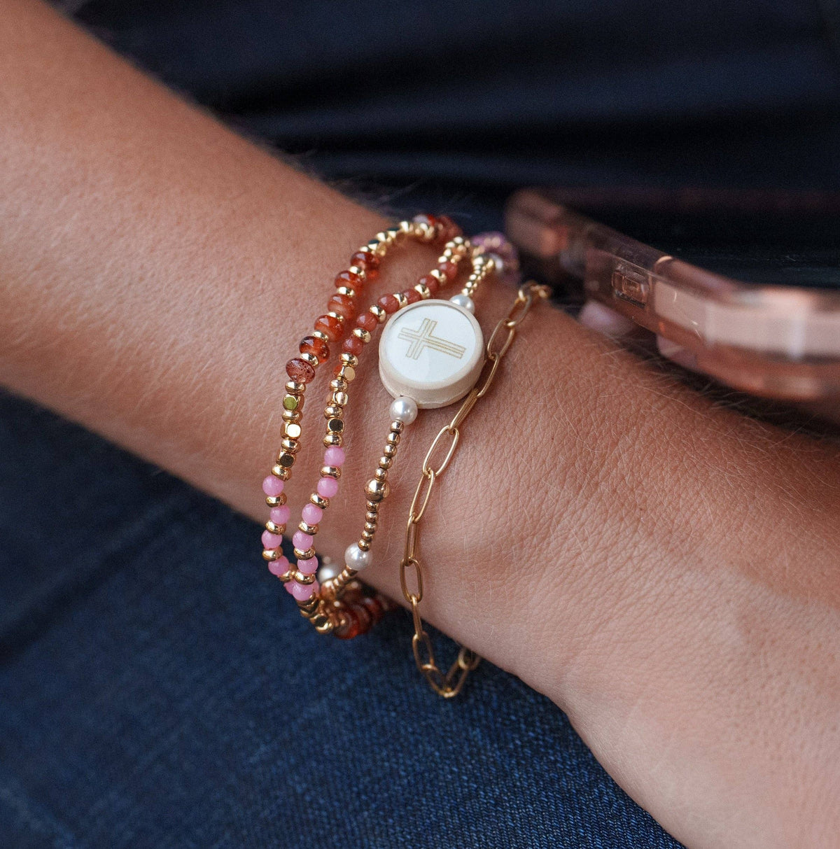 Tap To Pray® Survivor Series Beaded Bracelet - Treasured: Gold & Pearl 6.25" Standard