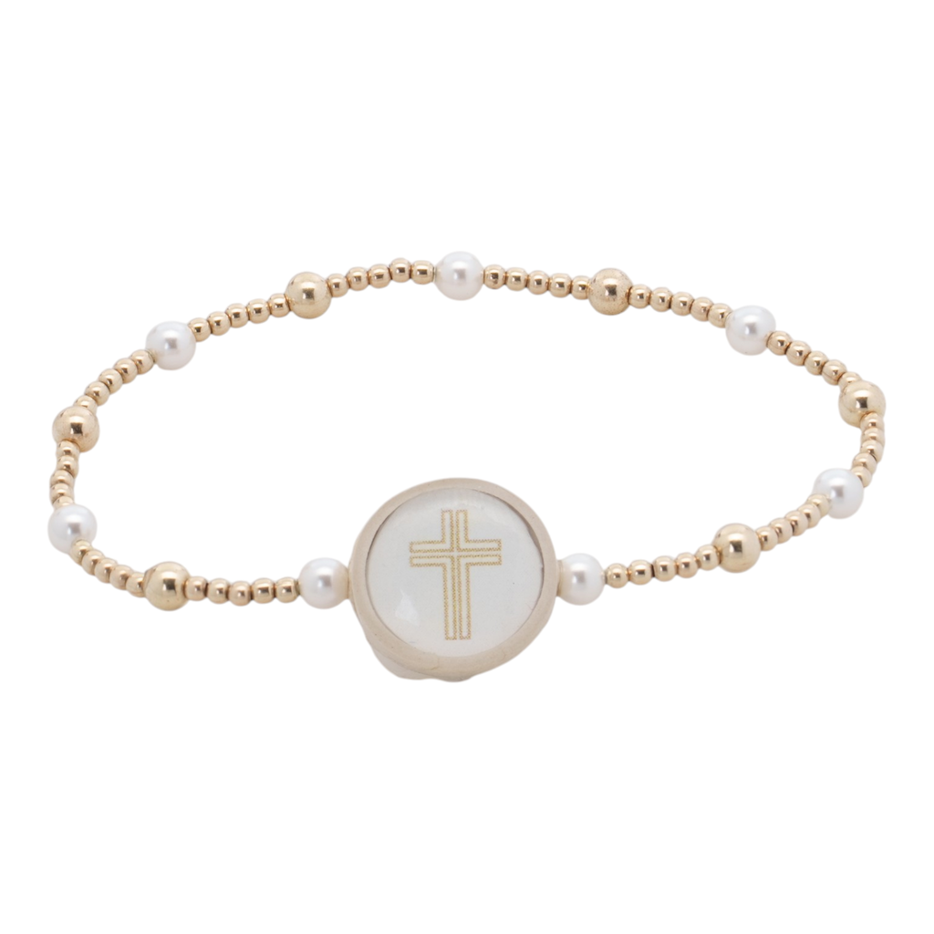 Tap To Pray® Survivor Series Beaded Bracelet - Treasured: Gold & Pearl 6.25" Standard