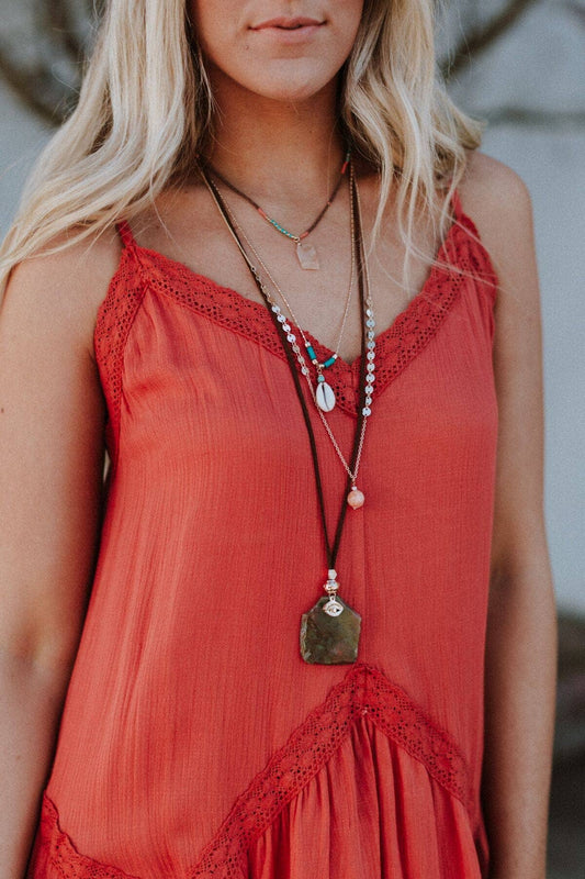 Giselle Stone and Shell Boho Necklace - Turquoise