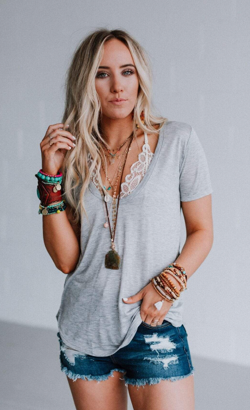 Scoop Neck Bralette Tee - Gray