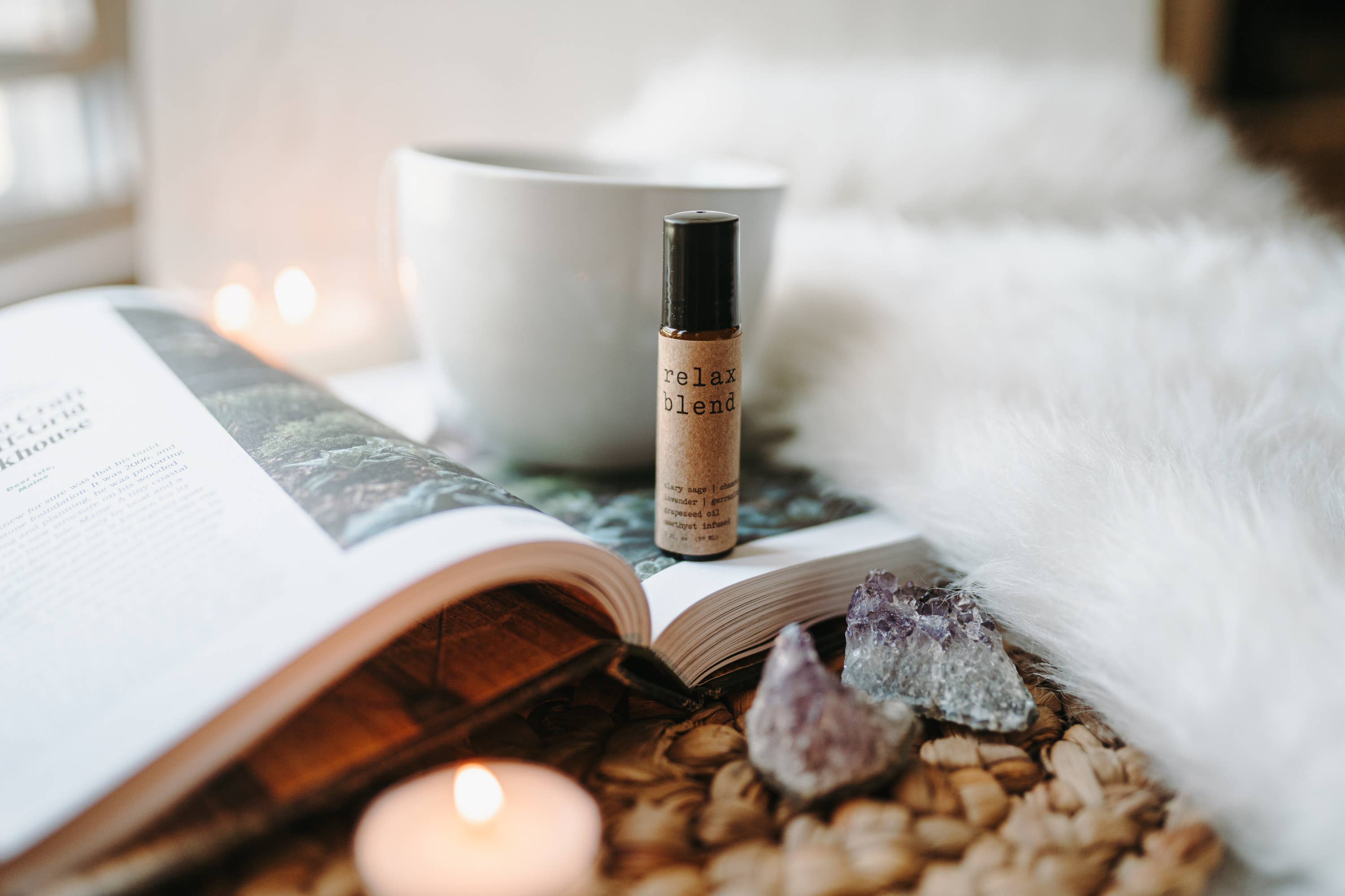 Relax Essential Oil Roller + Amethyst Crystals