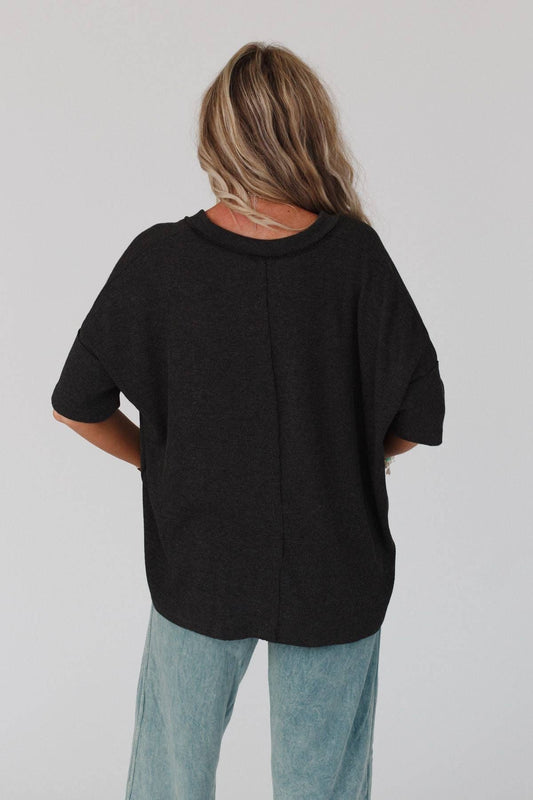 On The Go V Neck Ribbed Essential Tee - Charcoal