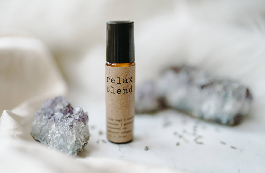Relax Essential Oil Roller + Amethyst Crystals