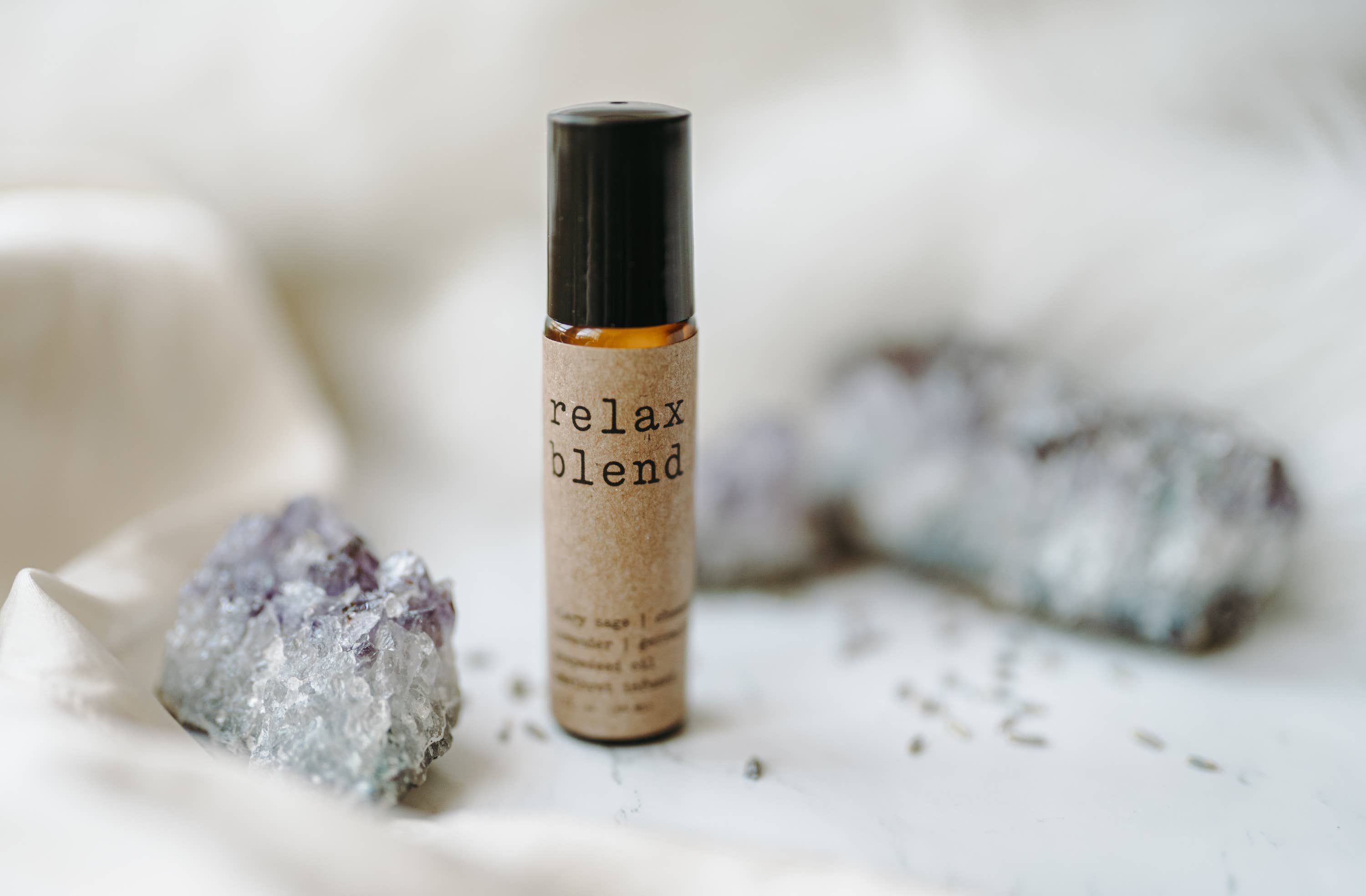 Relax Essential Oil Roller + Amethyst Crystals